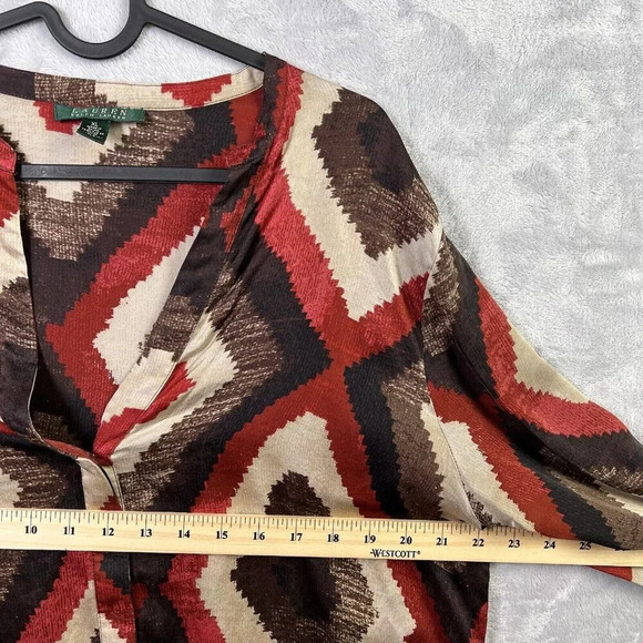 Lauren Ralph Lauren Aztec Silk Top Size XL South Western Brown Red Light Weight - Picture 9 of 10